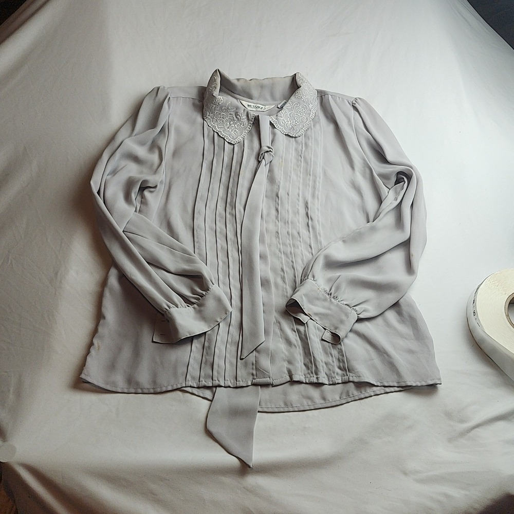 Messages Blouse Peter Pan Collar Long Sleeve Pintuck Gray Women's Size 18